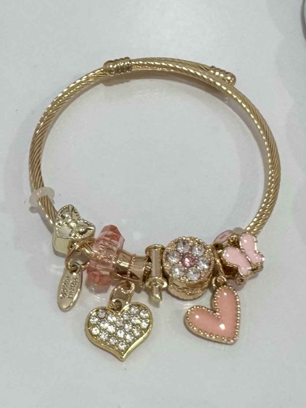 New Gold Tone Pink & Gold Heart Cuff Charm Bracelet